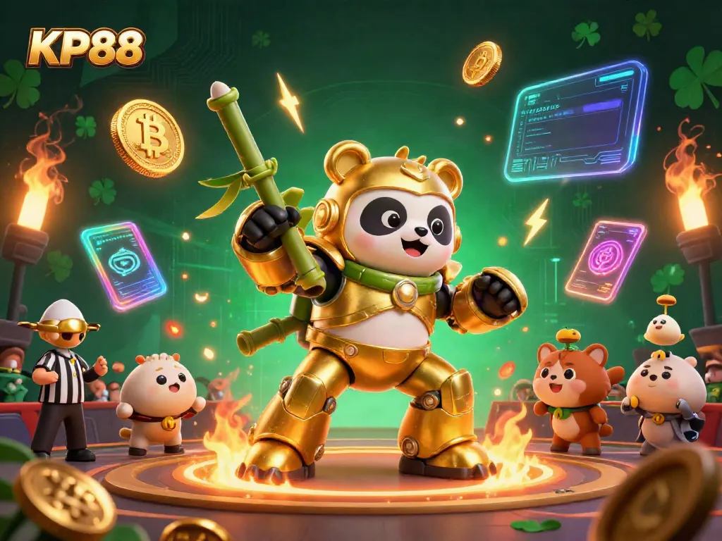 Experience thrilling gameplay at KP88 with a dynamic 3D scene of a golden panda in action.