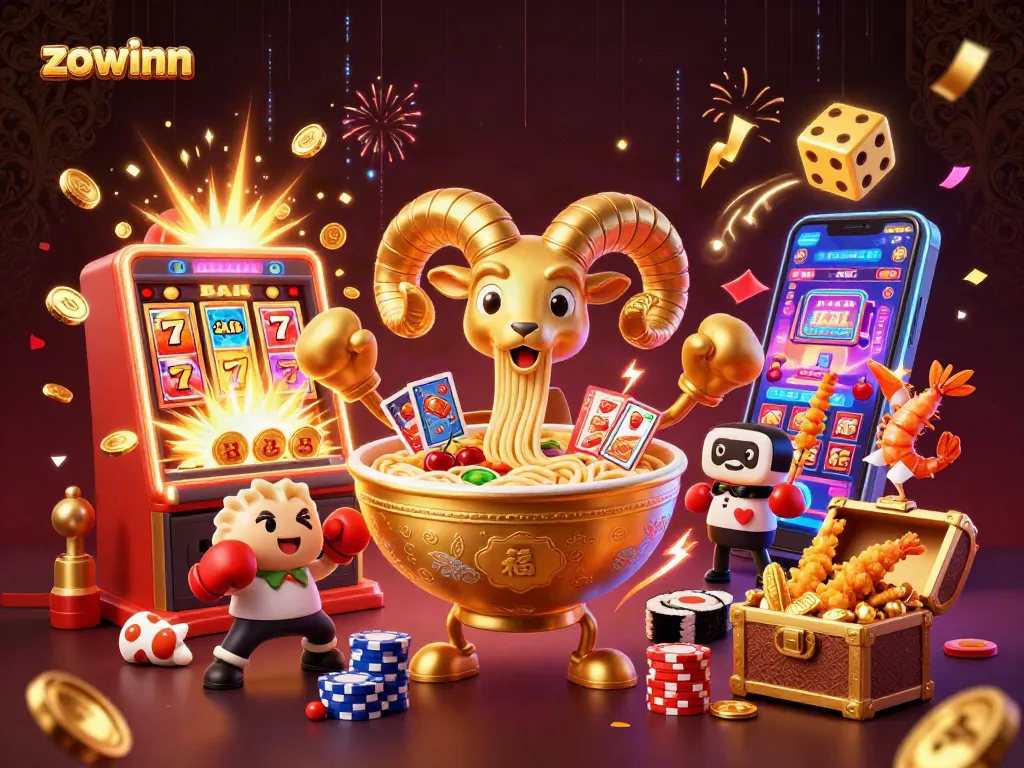Zowinn casino features an energetic scene with a golden ramen bowl dealer, vibrant game elements, and digital excitement.