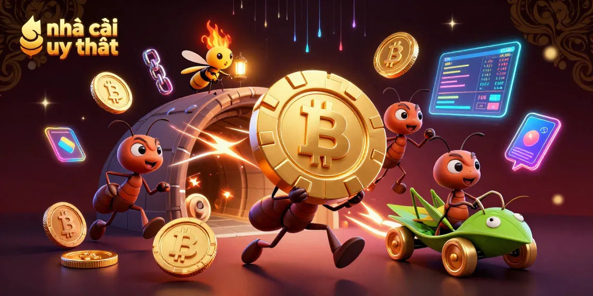 Experience thrilling gameplay at nhà cái uy tín with ants running a heist for a giant poker chip.