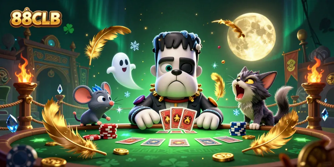 88CLB monsters deal cards at a spooky casino table, enhancing your gaming thrill.