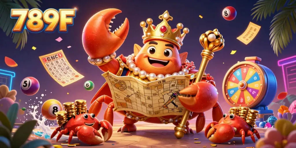 Engage with 789F's vibrant casino world featuring a golden crab emperor amidst dynamic lottery and gaming elements.