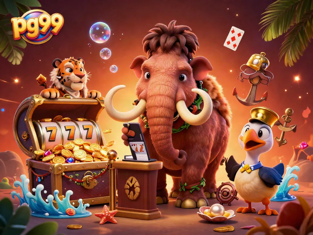 Experience the thrills at pg99 with a vibrant casino scene featuring a woolly mammoth bouncer and more.