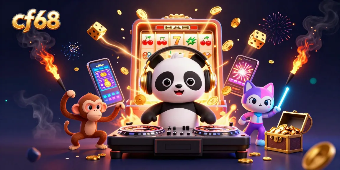 Experience the exciting world of cf68 with a vibrant casino scene featuring DJ panda, dancing monkey, and glowing kitten.