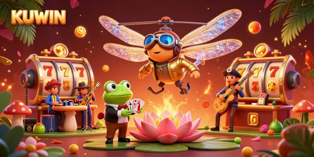 Engage in thrilling experiences at KUWIN's lively lily pad casino with unique characters and vibrant game elements.