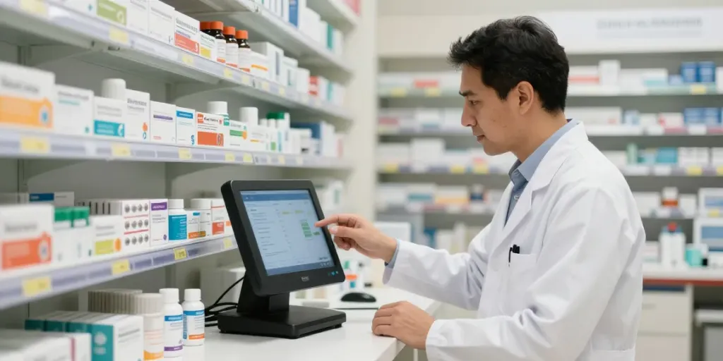 Semi controlled medicines UAE lookup by pharmacist using device in modern pharmacy.