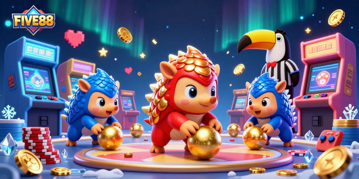 Engage in thrilling betting action with FIVE88, featuring dynamic pangolins in a vibrant casino scene.