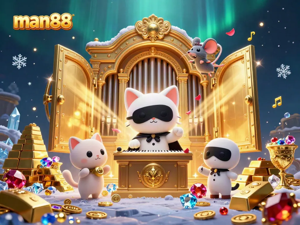 Experience the thrill of man88 as the enchanting cat maestro leads a dynamic casino scene full of treasures and magic.