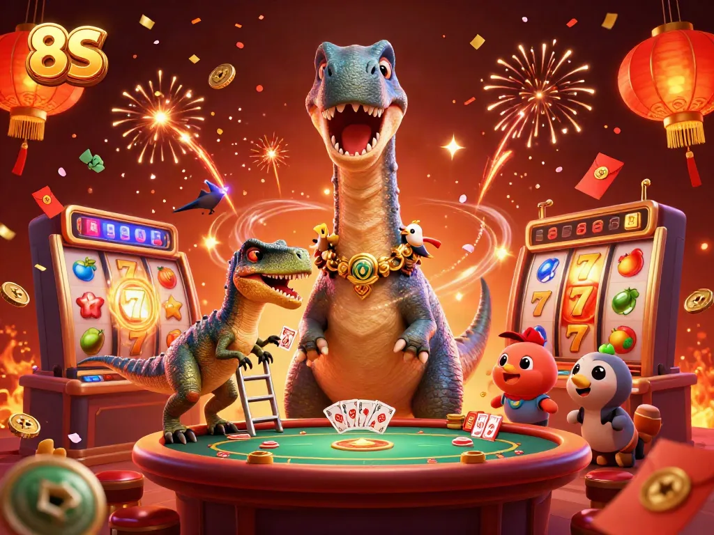 Experience the thrill of 8S slots with a giant brontosaurus in a vibrant casino scene.