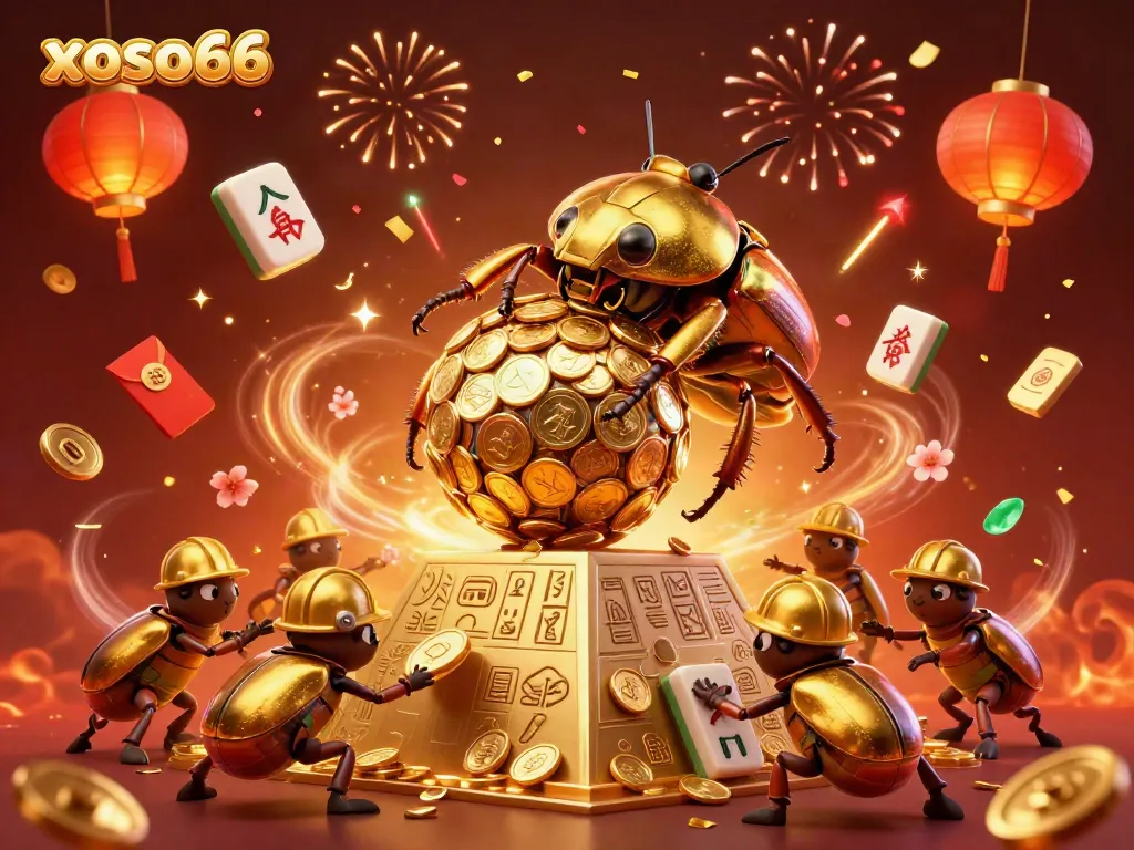 Experience xoso66 with a massive golden dung beetle rolling coins and celebrating lottery wins.