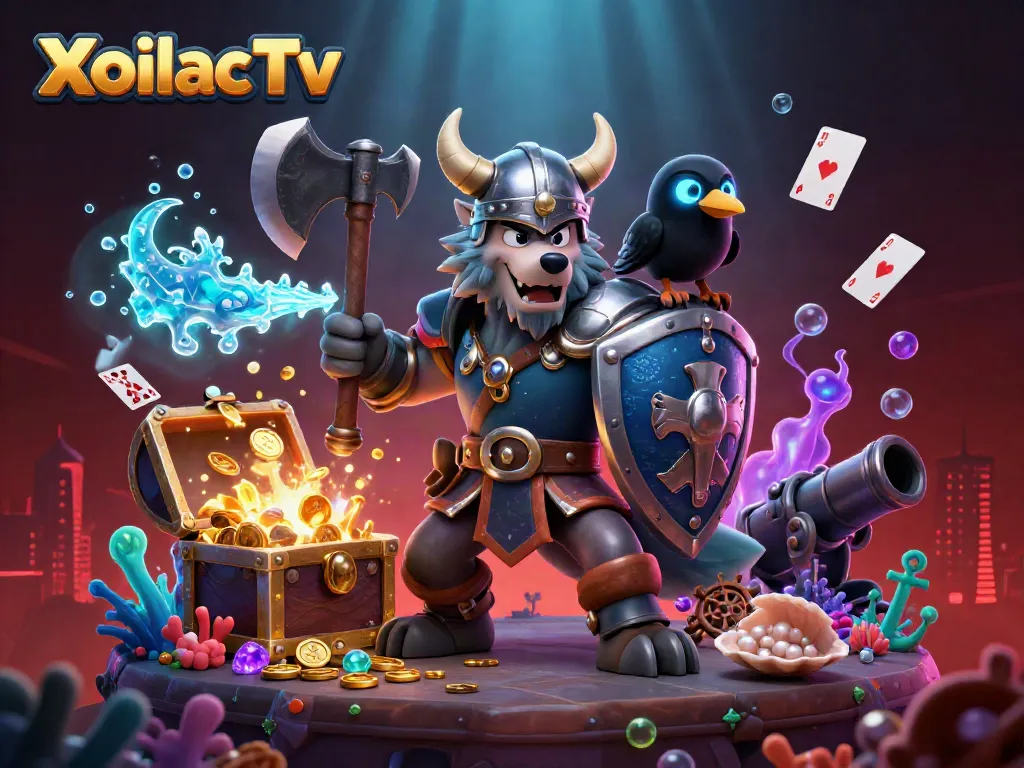 XoilacTv showcases a Viking wolf warrior, dragon, and raven amidst colorful gambling treasures.