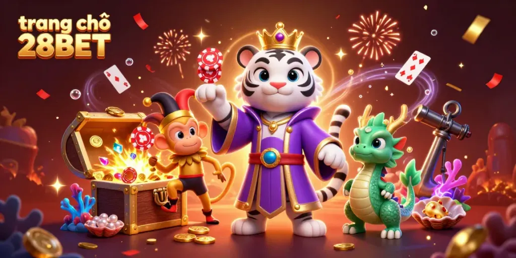 Experience the vibrant and captivating scene of trang chủ 28BET featuring a majestic white tiger, playful monkey, and magical elements during a dynamic casino celebration.