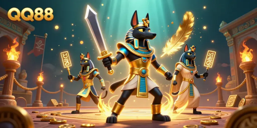 Bet on QQ88 with Anubis and Bastet surrounded by gaming elements in a vibrant 3D illustration.
