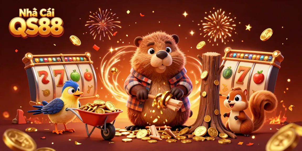 Win big at Nhà Cái QS88 with a vibrant 3D illustration featuring celebrating characters amidst golden coins and slot game elements.