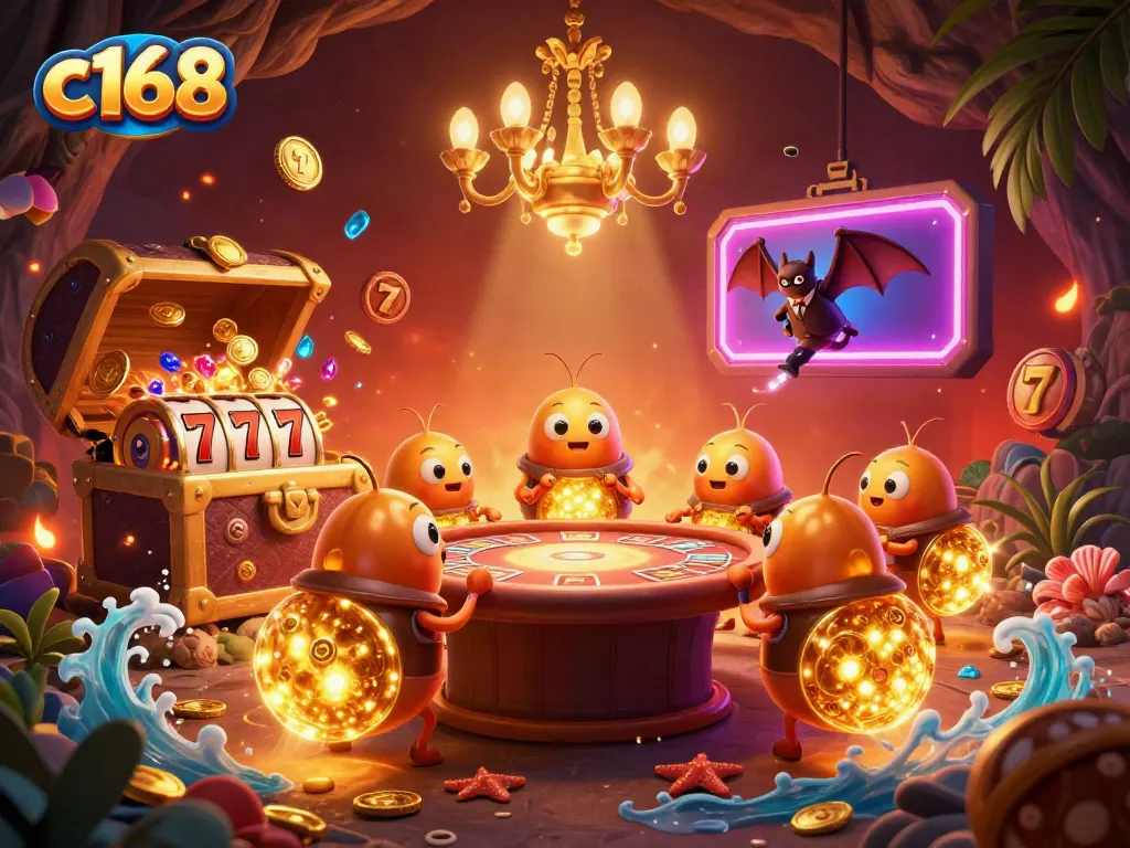 Experience thrilling wins at c168 with a vibrant cave casino illuminated by glowworms and slot game elements.