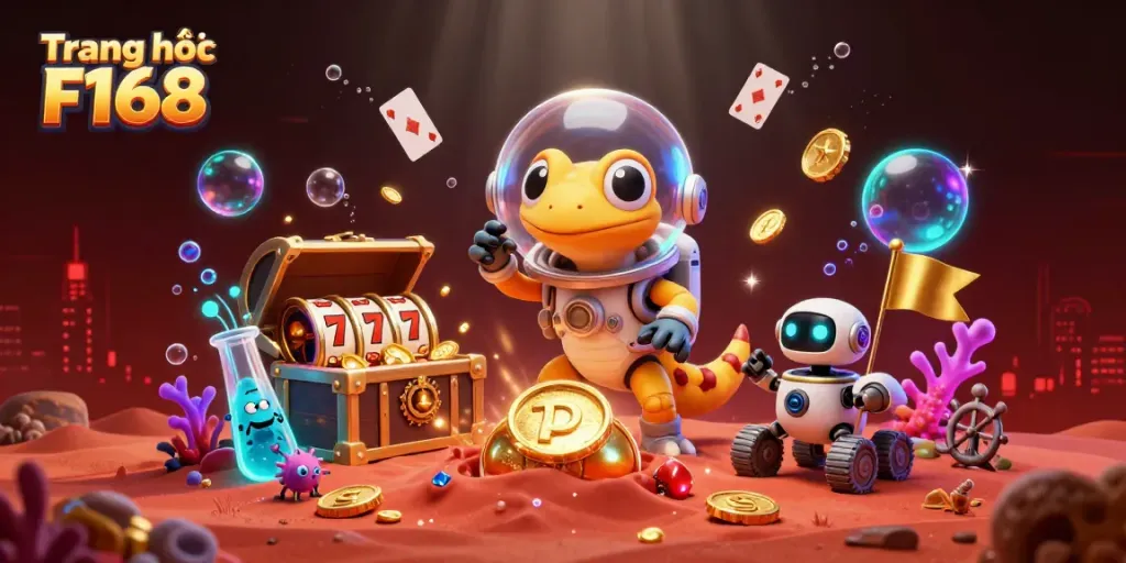 Experience the excitement of Trang chủ F168 with cartoon gecko discovering a golden alien casino scene.