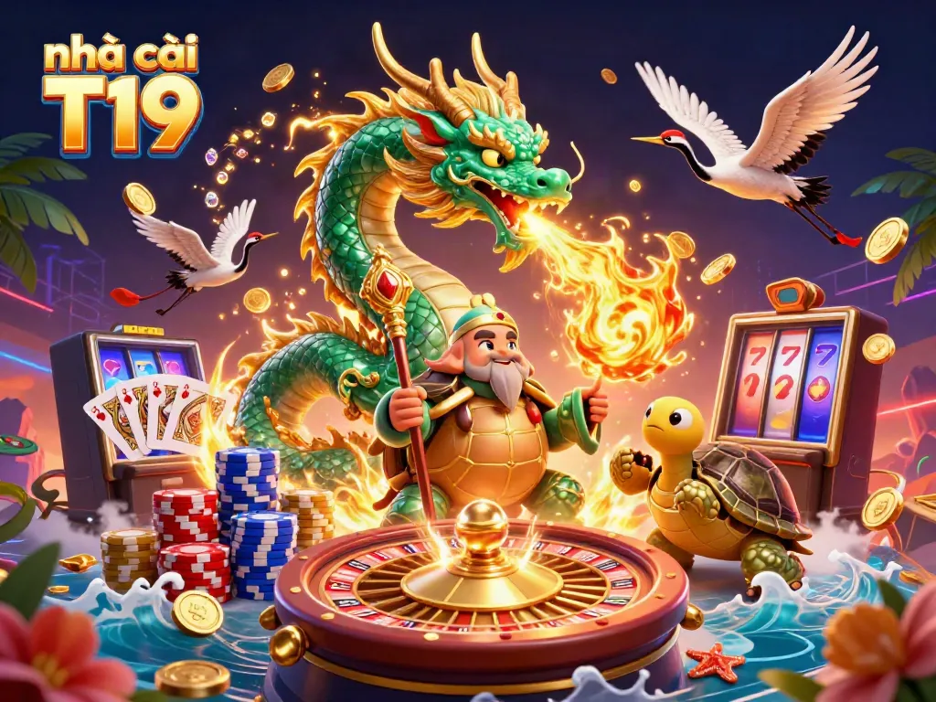 Experience the thrill at nhà cái T19 with a vibrant scene of 3D casino characters and dynamic elements.