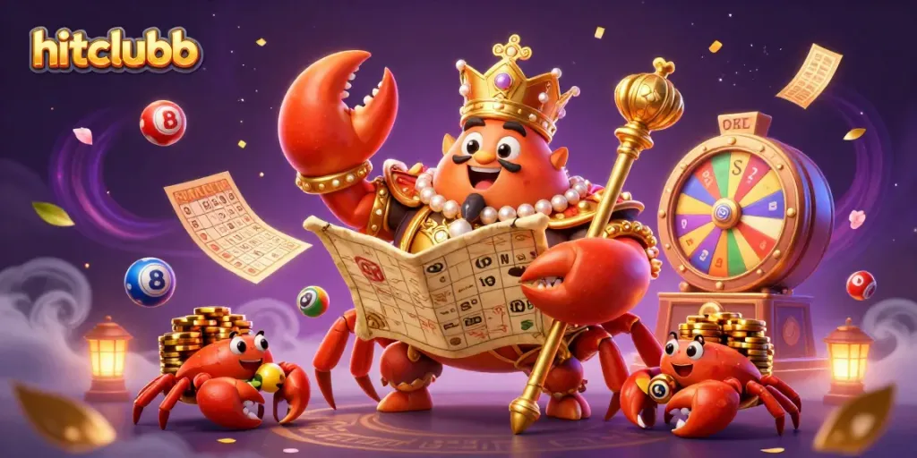 Engage in thrilling gaming adventures at Hitclubb, featuring a majestic golden crab emperor and vibrant casino elements.
