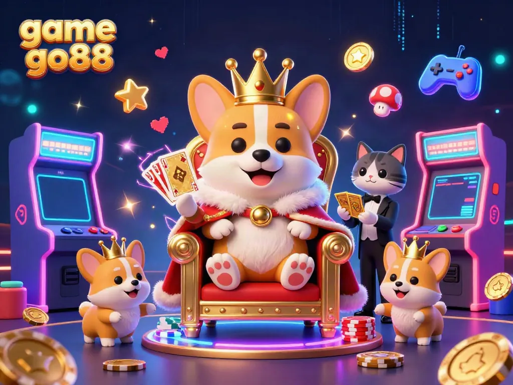 Engage with game go88 in a vibrant casino scene featuring a royal corgi and arcade elements.