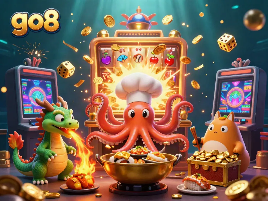 Experience the excitement of go8 with a vibrant 3D illustration featuring casino-themed characters and scenes.