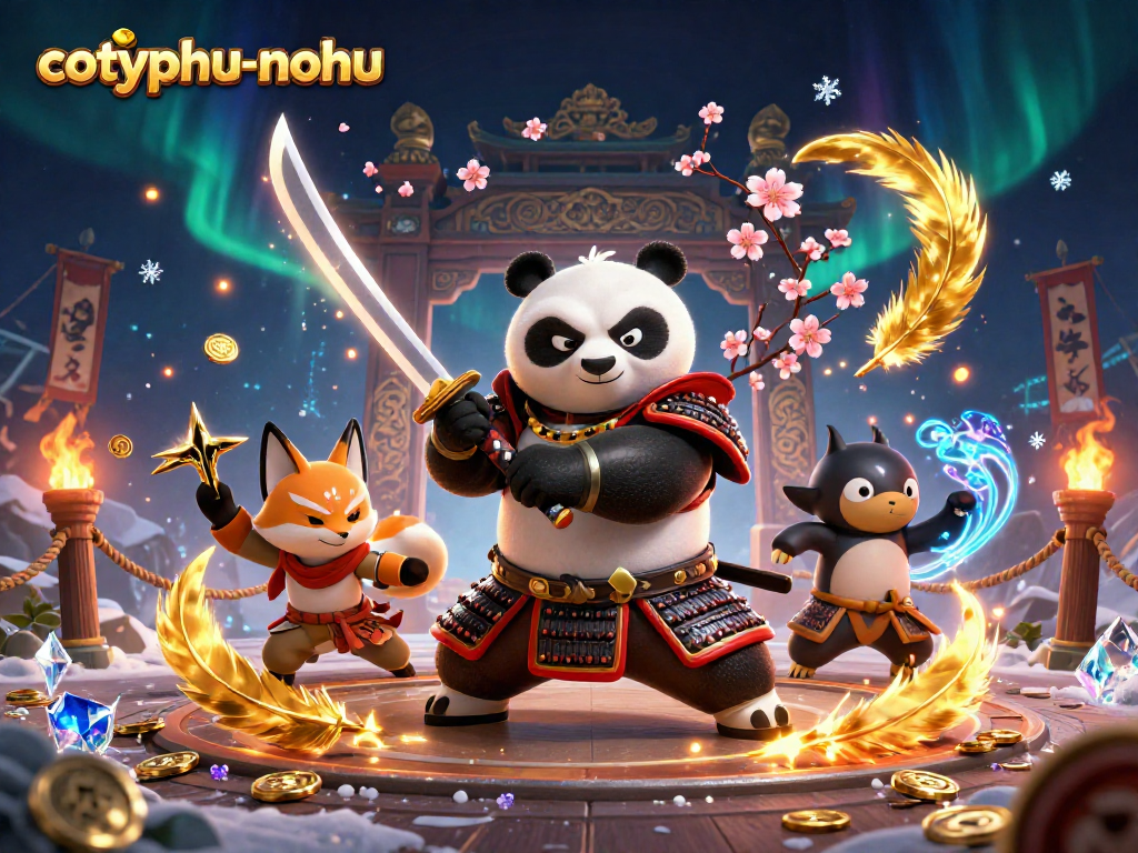 Cotphu-nohu brings excitement with a samurai panda and ninja fox in an energetic casino scene.