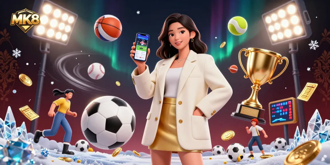 Engage with MK8 sports betting excitement featuring a friendly Asian woman showcasing a betting app.