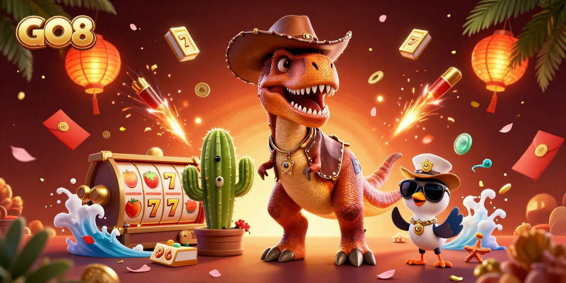 Spin the reels of GO8's thrilling casino adventure with a vibrant cartoon scene featuring a T-Rex and friends.