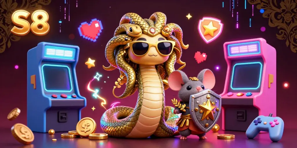 Experience the vibrant energy of S8 with Medusa, a warrior mouse, and arcade games in a casino-themed illustration.