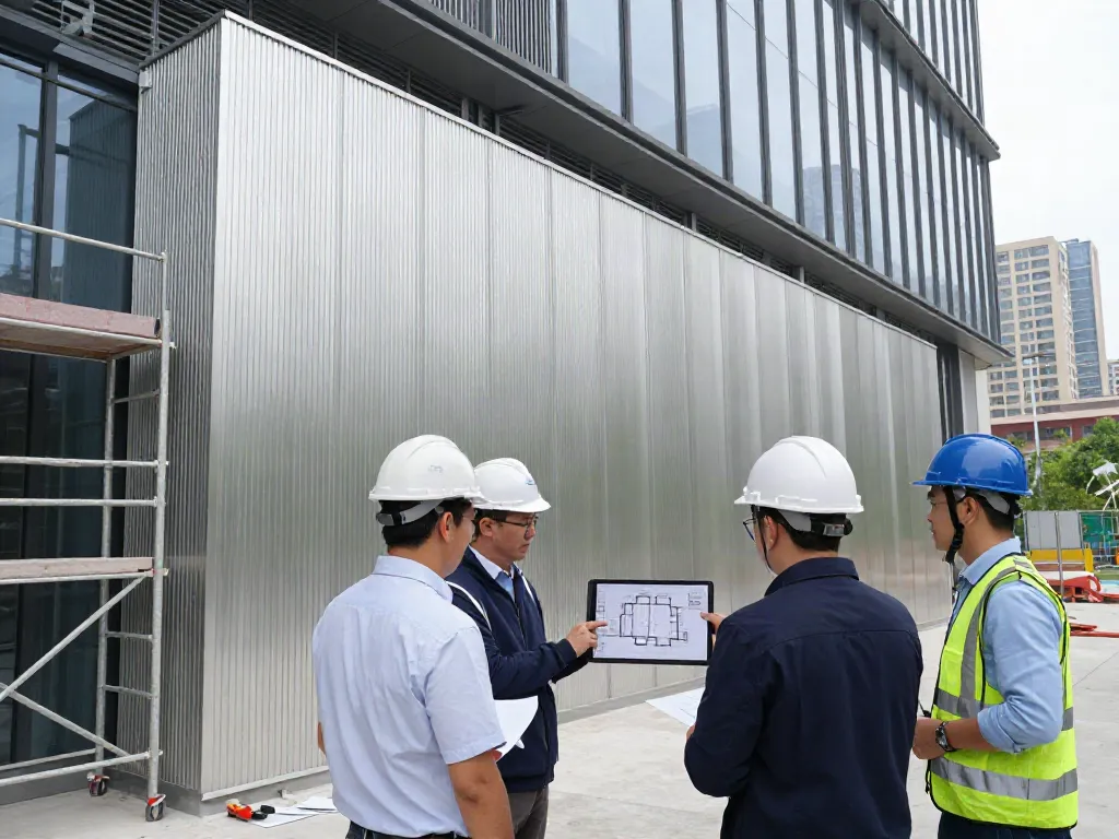 Team assessing newly installed Currain wall system in commercial building