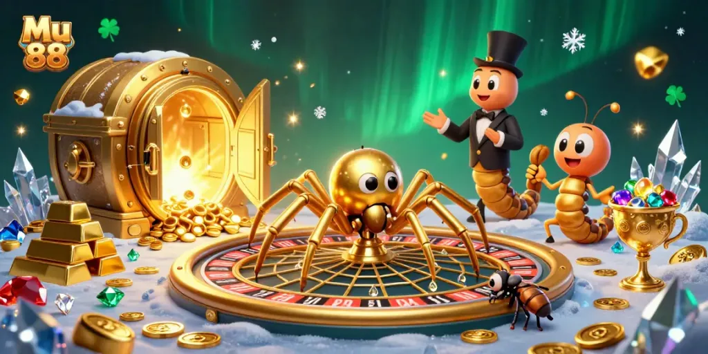Mu 88 players engage thrilling bets in a vibrant casino scene with sparkling treasures and characters.