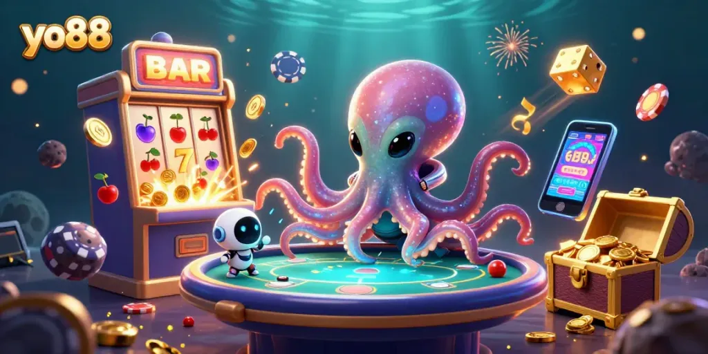 Engage in thrilling gameplay with yo88, featuring a dazzling holographic poker setup amidst cosmic elements.