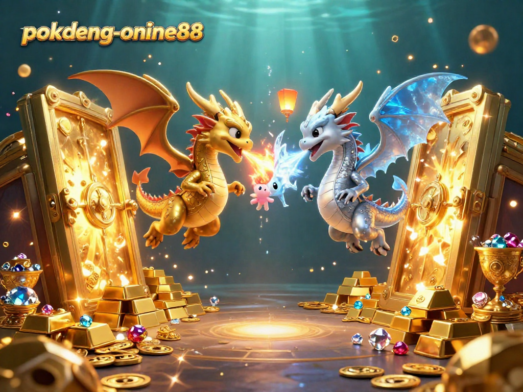 Experience thrilling gameplay with pokdeng-online88, as gold and silver dragons battle in a vibrant casino scene.