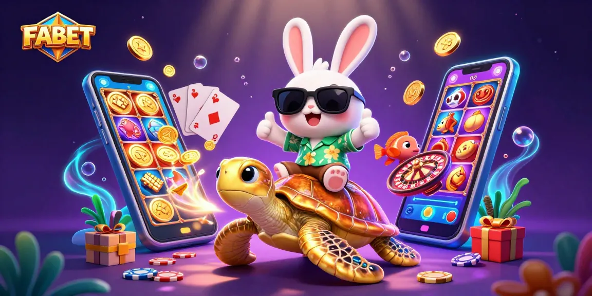 Experience thrilling wins with FABET's vibrant casino scene featuring a lucky rabbit and sea turtle.