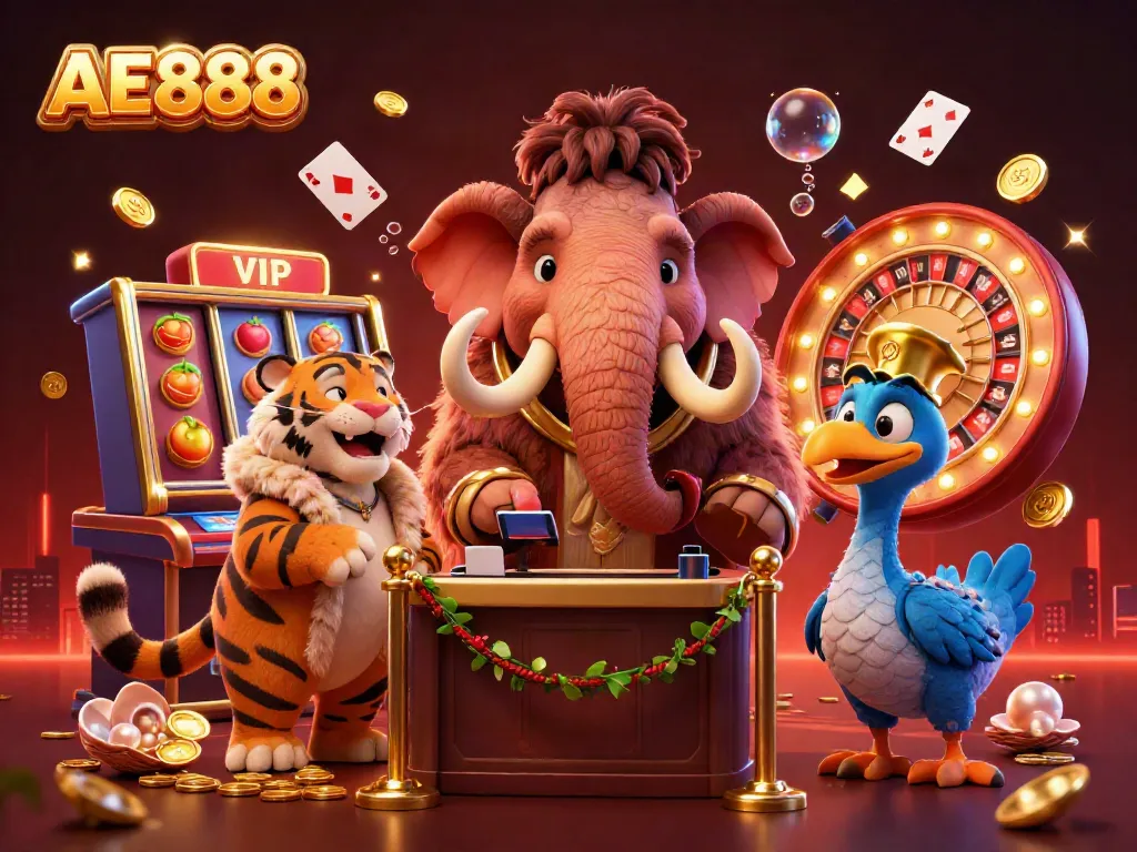 AE888 casino scene with a woolly mammoth bouncer, VIP saber-tooth guest, and dynamic slot reels.