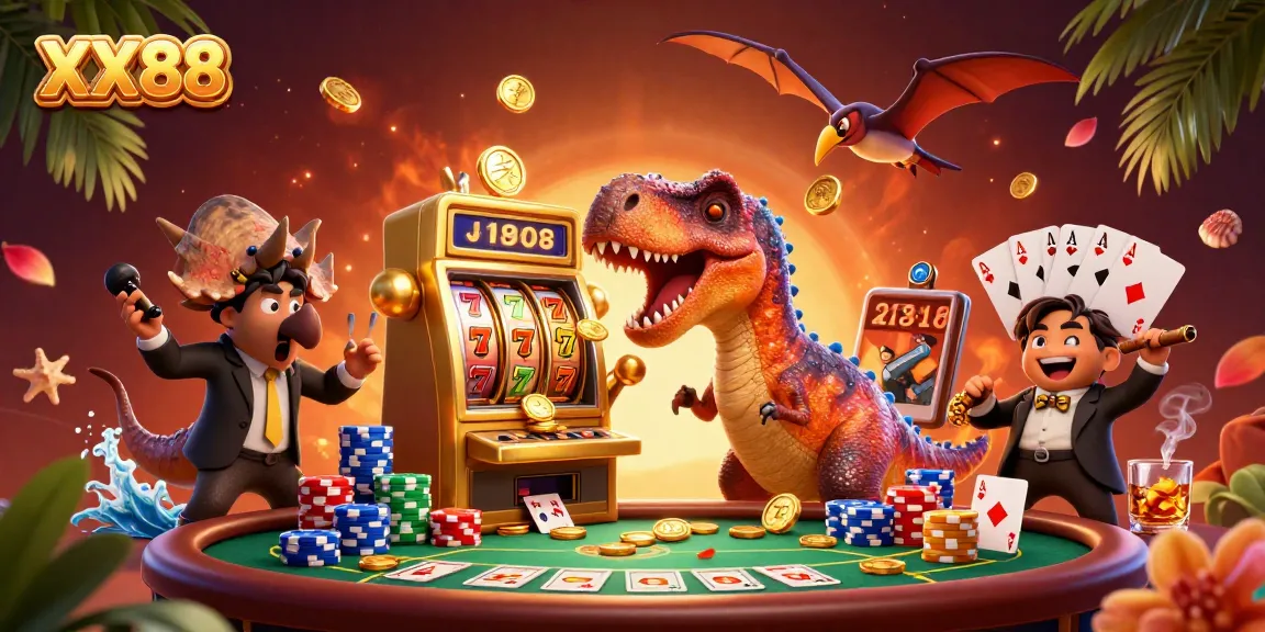 Join the excitement at XX88 as a cartoon dinosaur wins big at the slot machine, capturing flying coins in a vibrant casino.