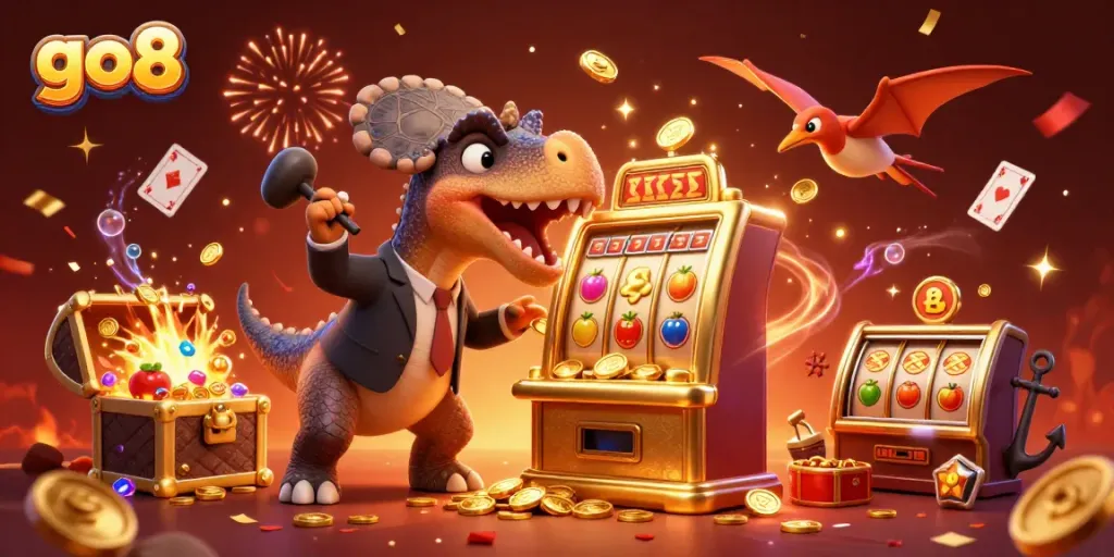 Go8's pachycephalosaurus wins a jackpot at the slots, showing vibrant casino excitement.