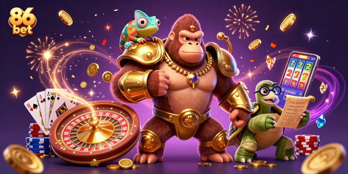 Experience the thrill of 86 bet with a vibrant casino scene featuring characters amidst cascading coins, cards, and festive energy.