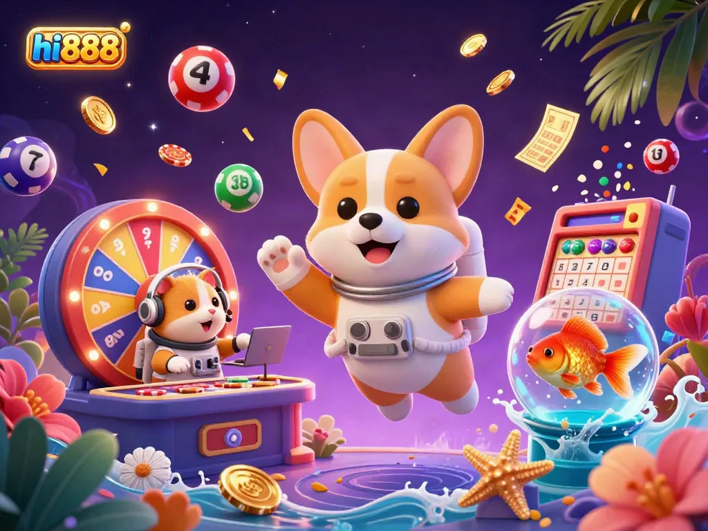 Experience the excitement of hi888 with a 3D casino scene featuring an astronaut corgi and floating games.