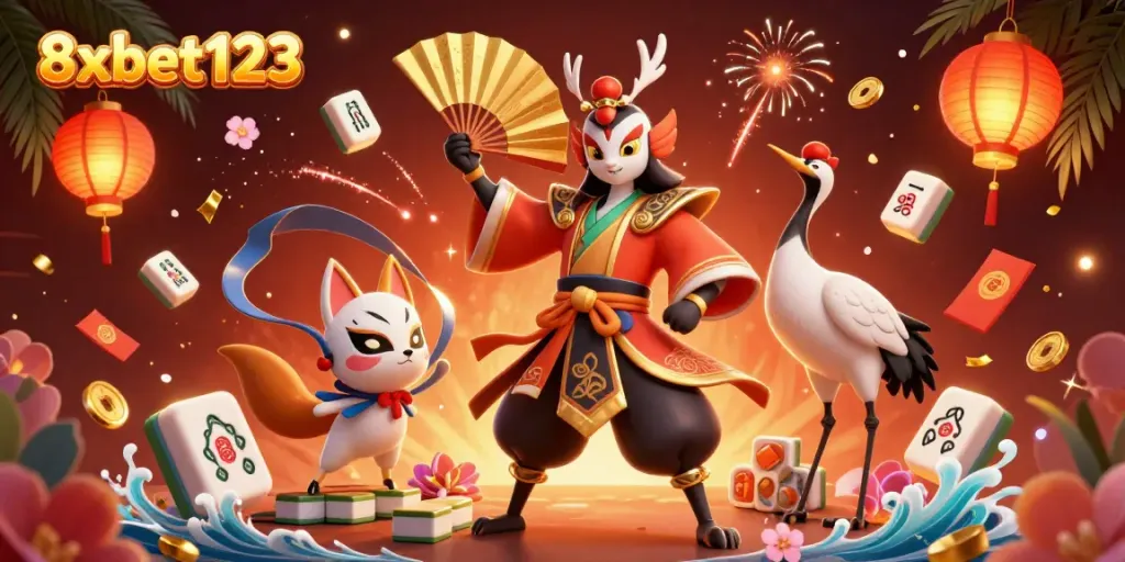 Engage in thrilling gameplay with 8xbet123 at this vibrant casino-themed illustration featuring dynamic characters and glowing elements.
