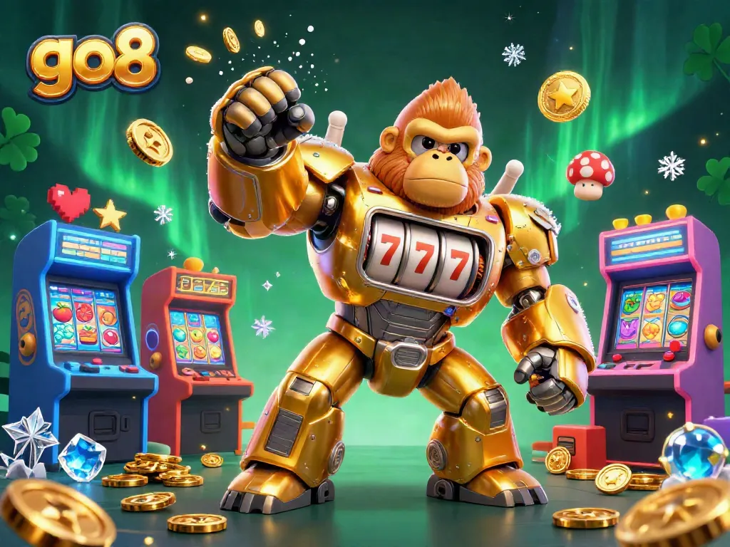 Experience exhilarating gameplay at go8 with the golden gorilla mech amidst vibrant casino elements.