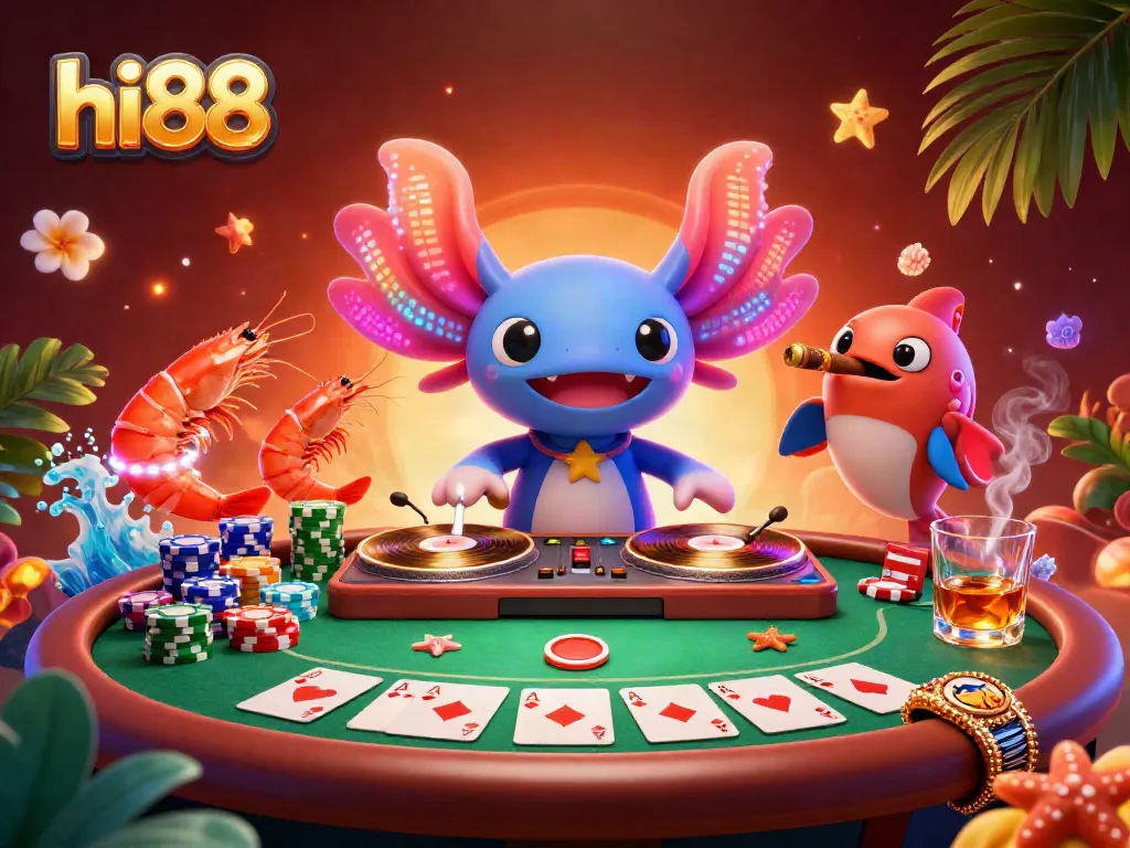 Experience the vibrant energy of hi88 with a colorful underwater casino scene featuring animated characters and poker elements.