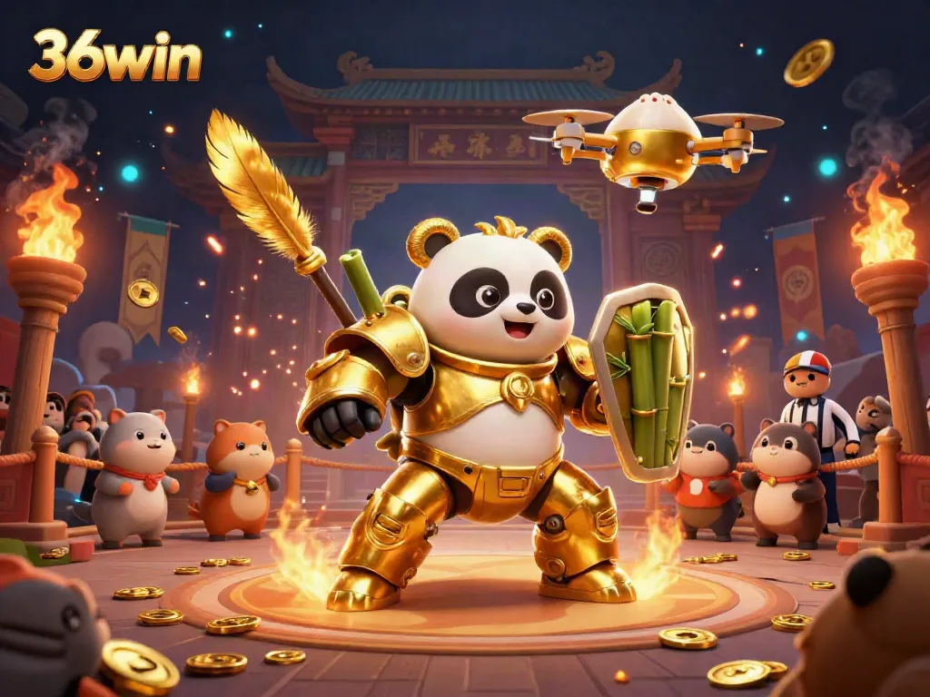 Engage with exhilarating gameplay at 36win featuring a golden panda in a lively casino arena.