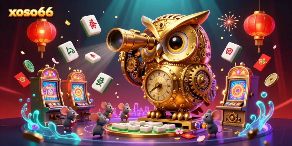 Engage with xoso66's animated casino experience featuring a golden owl and playful mice among vibrant gaming elements.