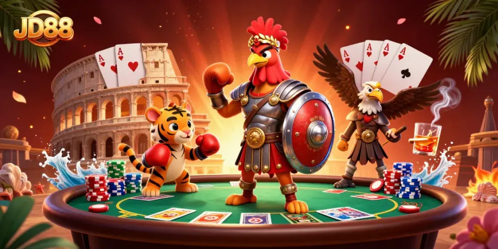 Engage in thrilling JD88 poker action with gladiator rooster and tiger cub in a vibrant casino arena.