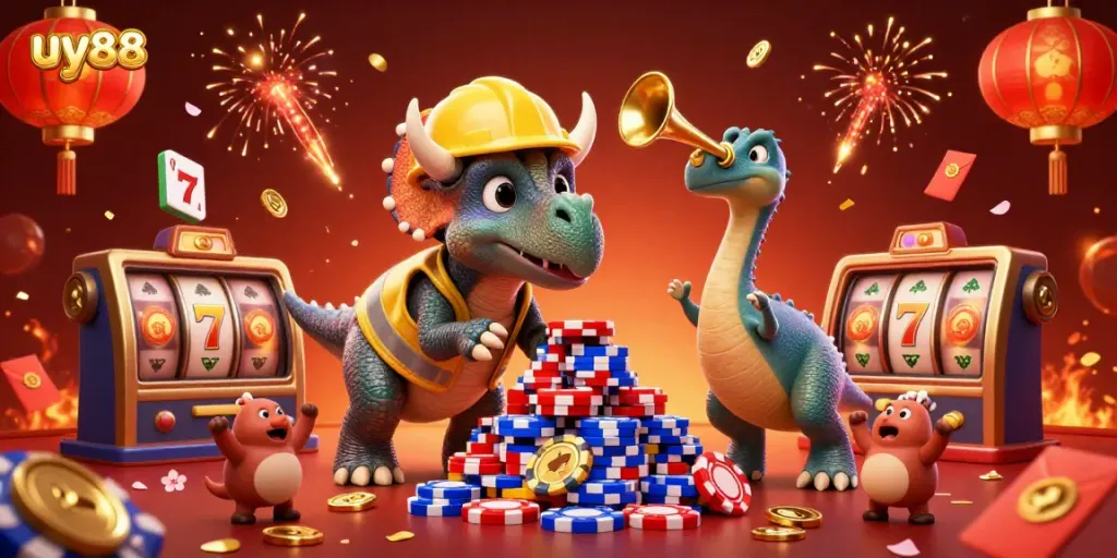 Celebrate gaming with uy88 as a triceratops builds a poker chip pyramid in a vibrant casino.