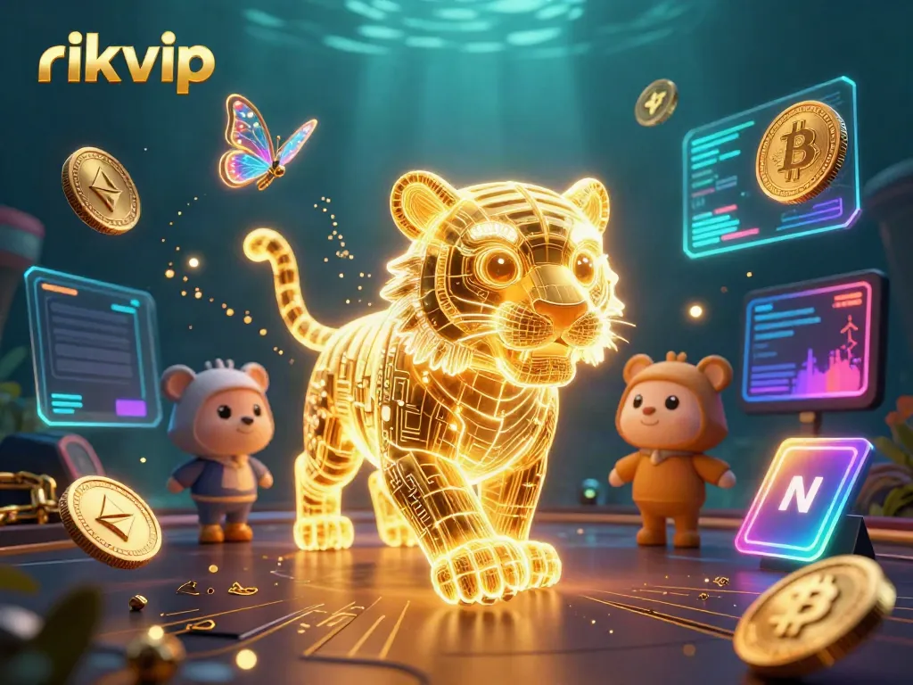 Experience rikvip in a vibrant digital casino with neon creatures and crypto elements.