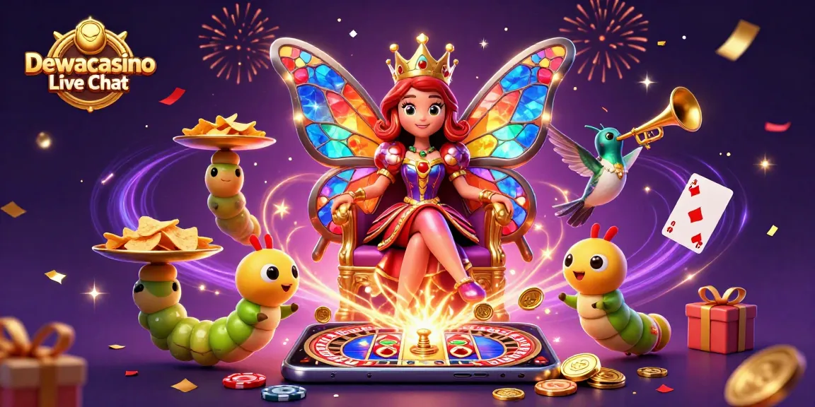 Engage with Dewacasino Live Chat as a vibrant butterfly queen welcomes players, showcasing thrilling casino elements.