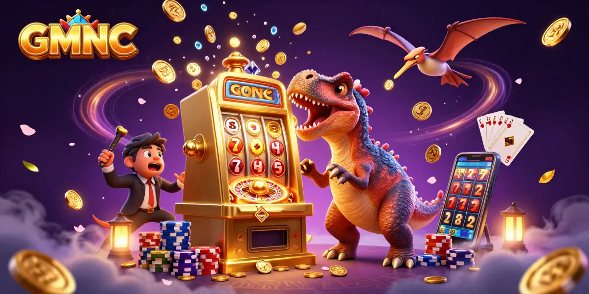Catch golden coins in the thrilling GMNC illustration as a lively pachycephalosaurus interacts with a jackpot machine.
