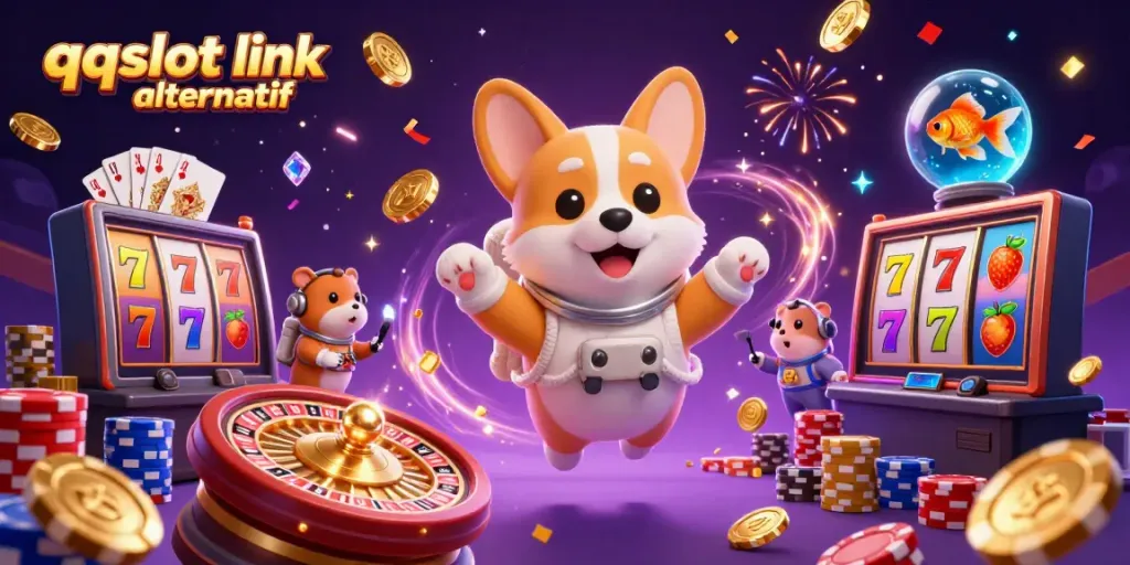 Experience qqslot link alternatif in a vibrant casino space with floating characters and colorful gaming elements.