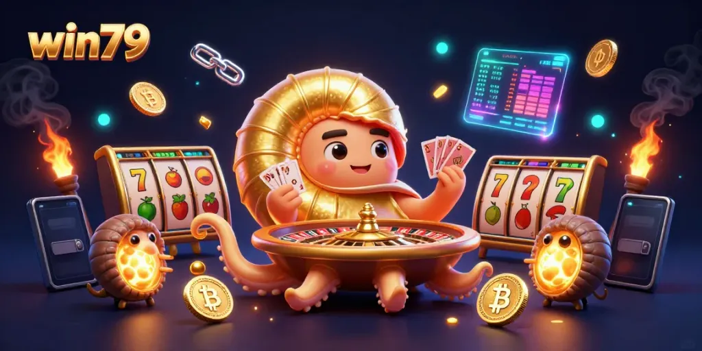 Win79 players engaging with slot machines and vibrant crypto elements in a magical casino scene.