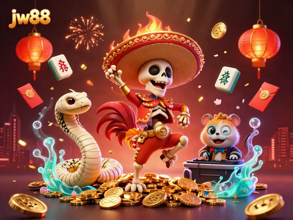 Experience the vibrant world of jw88 with a lively casino scene featuring dynamic characters and festive elements.